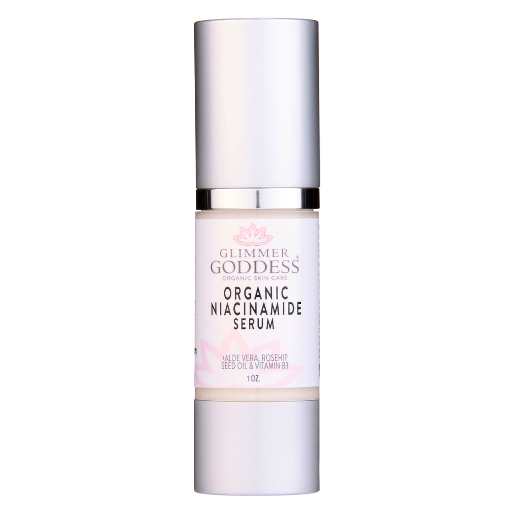 Organic Niacinamide Anti Aging Serum bottle with blend of niacinamide, rosehip, shea butter, and avocado oil for glowing skin.