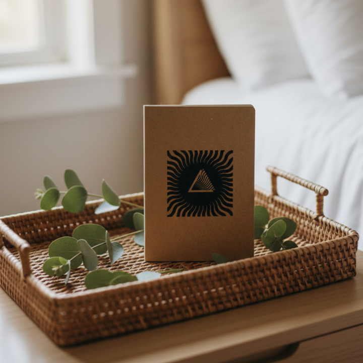 Sunrise Ritual: morning routine kit with the Slow North artisan-made notebook on a wicker tray.