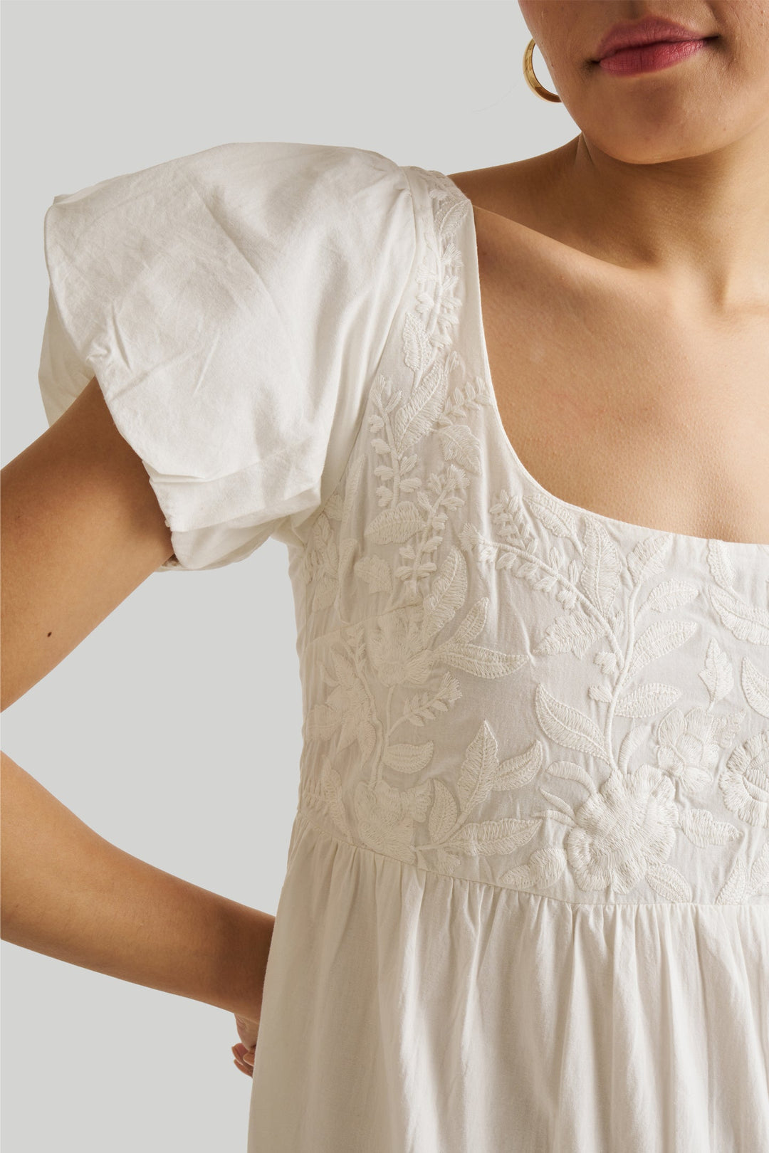 Puff Sleeve Embroidered Tiered Dress - White