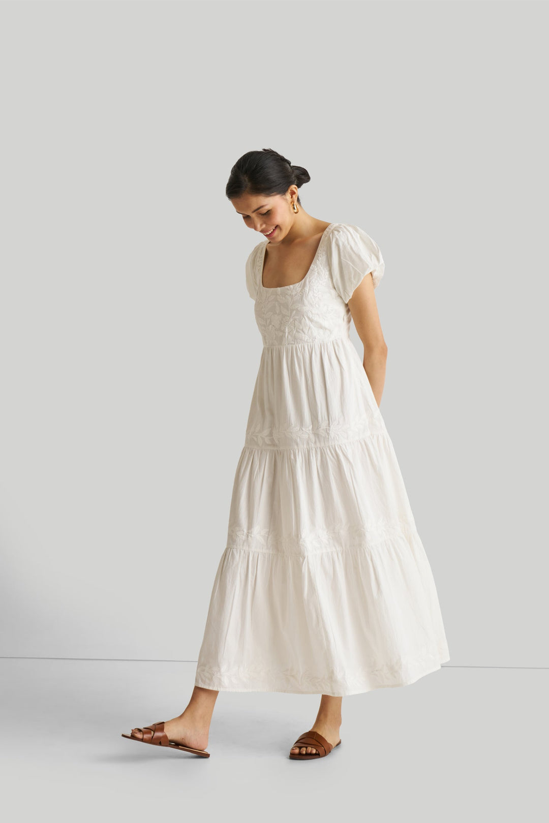 Puff Sleeve Embroidered Tiered Dress - White