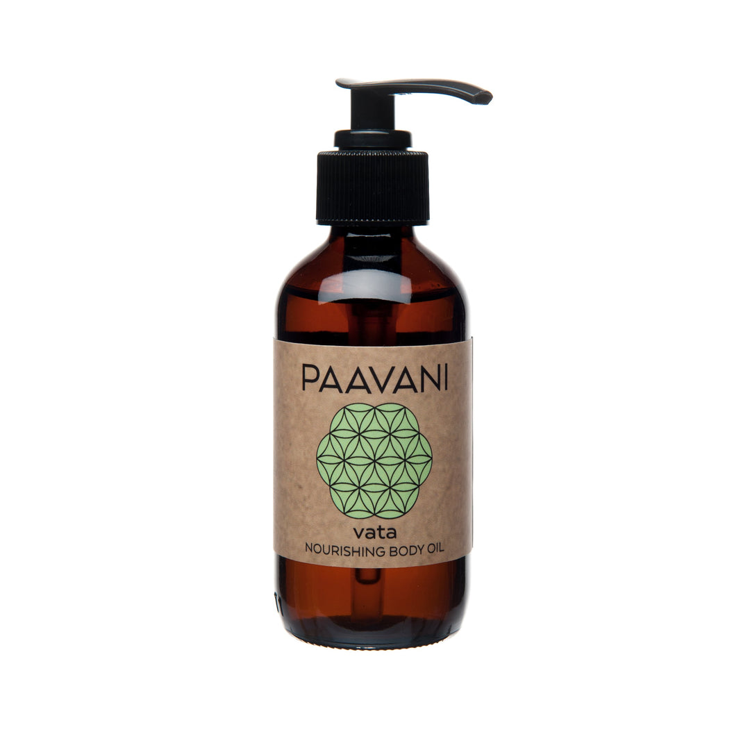 Vata Body Oil bottle with pump, nourishing Ayurvedic Abhyanga oil for dry skin balancing vata dosha.
