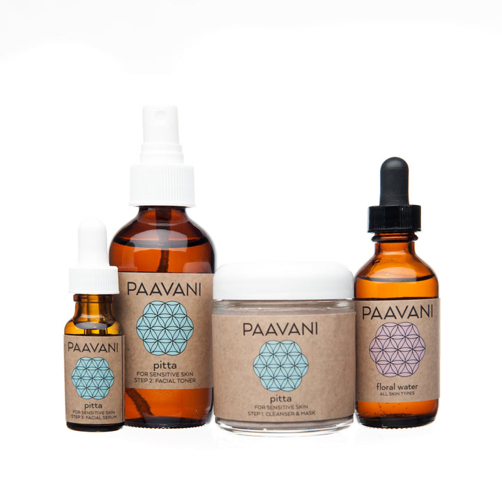 PAAVANI Ayurveda Pitta Skincare Ritual set for sensitive skin, includes cleanser, toner, mask, and floral water in travel sizes.