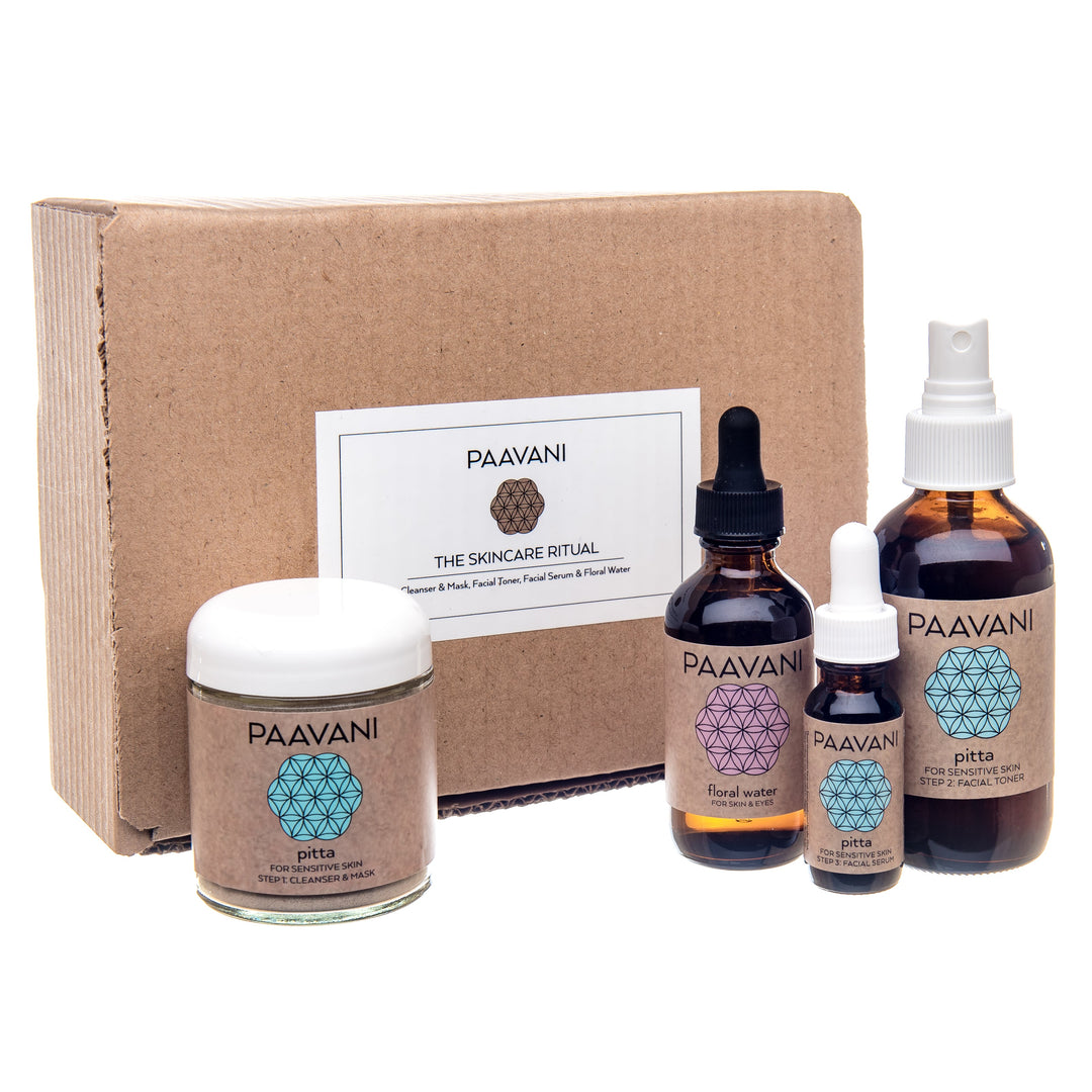 The Pitta Skincare Ritual set featuring ayurvedic skincare products for cleansing, detoxifying, and balancing sensitive skin.