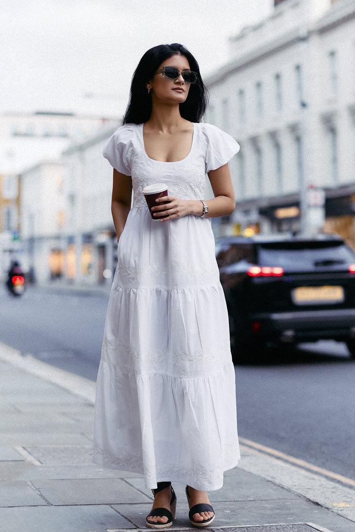 Puff Sleeve Embroidered Tiered Dress - White