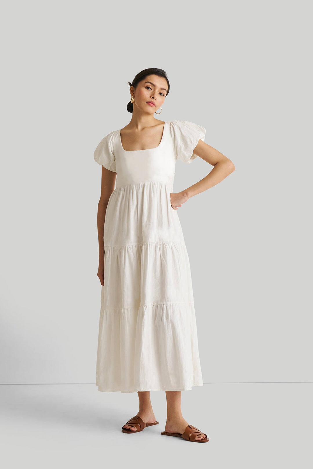 Puff Sleeve Tiered Dress in White