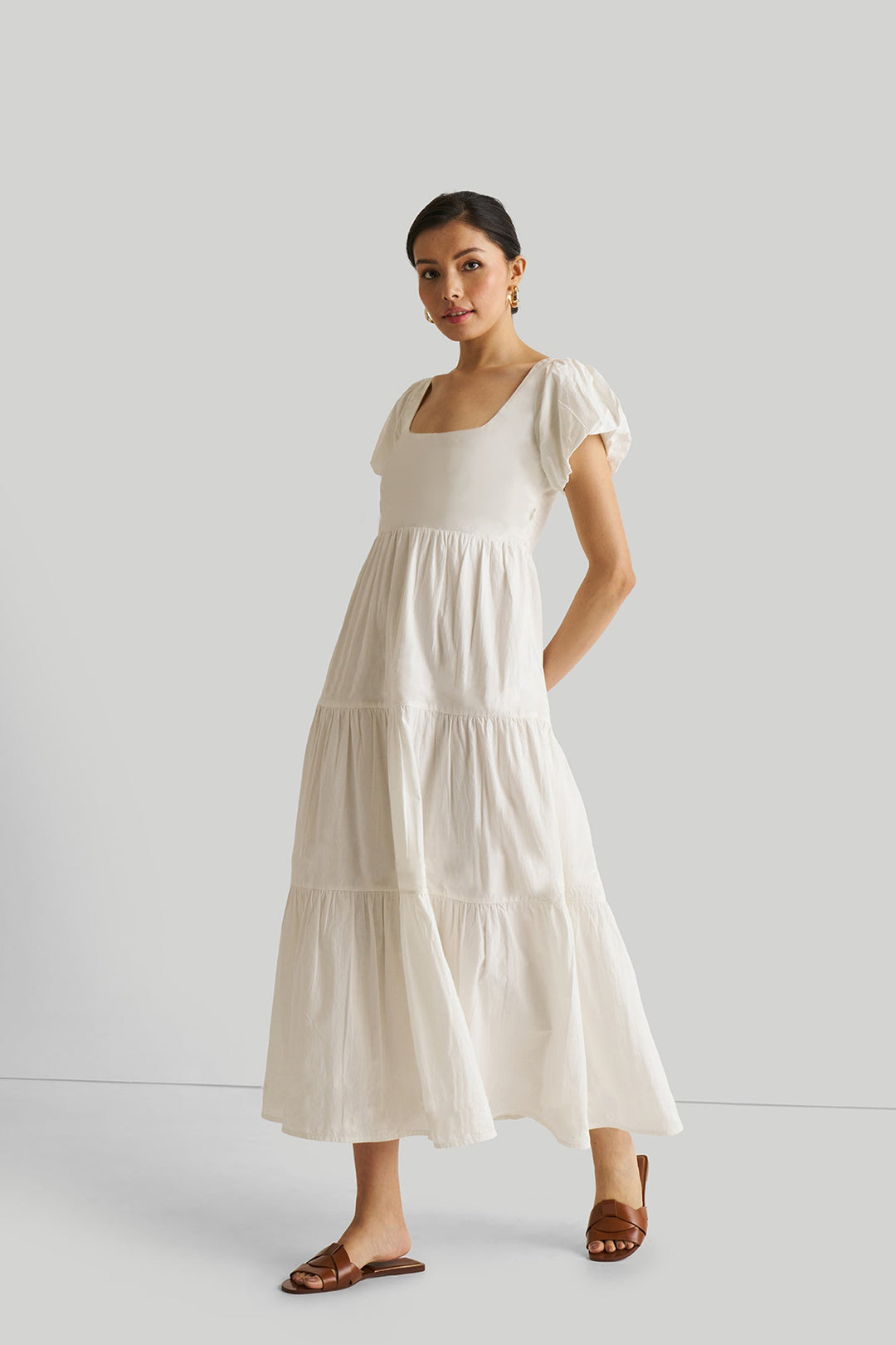Puff Sleeve Tiered Dress in White