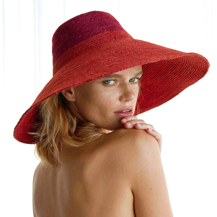 Riri Duo Jute Handwoven Straw Hat - Red & Maroon