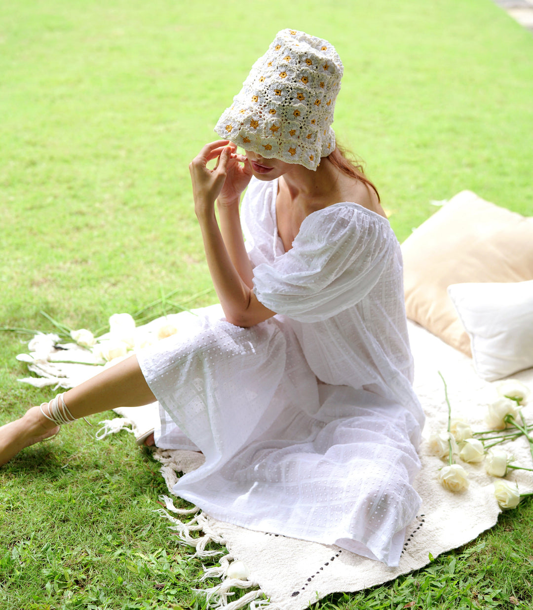 Rosemary Dotted Plaid Cotton Dress - Off white