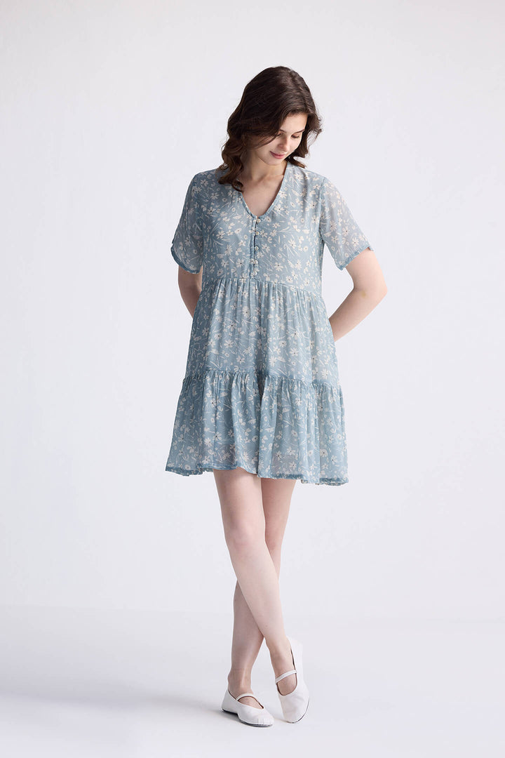 Floral Short Tiered dress in Light Blue