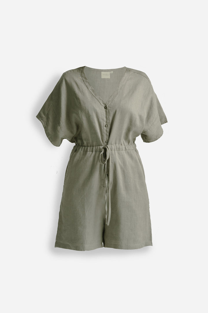 V neck Drawstring Romper in Dark Green