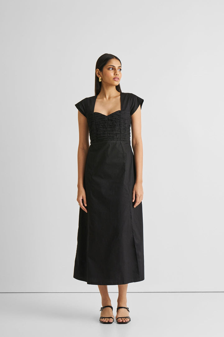 Ruched Dress with Front Slit - Black