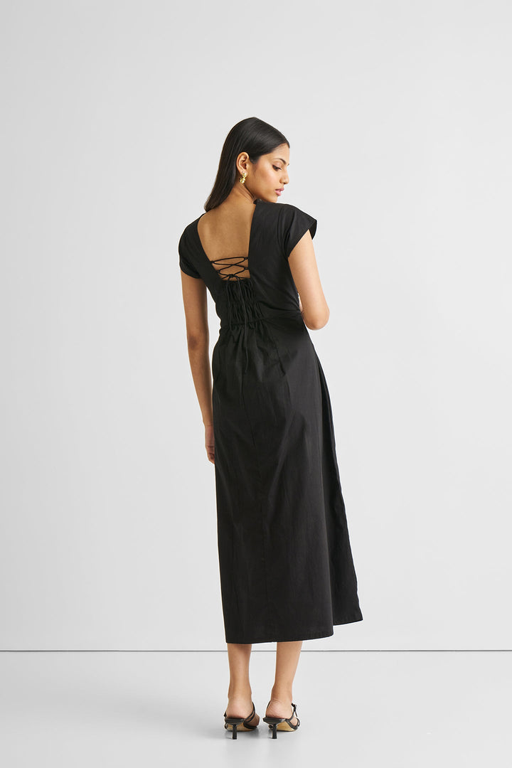 Ruched Dress with Front Slit - Black