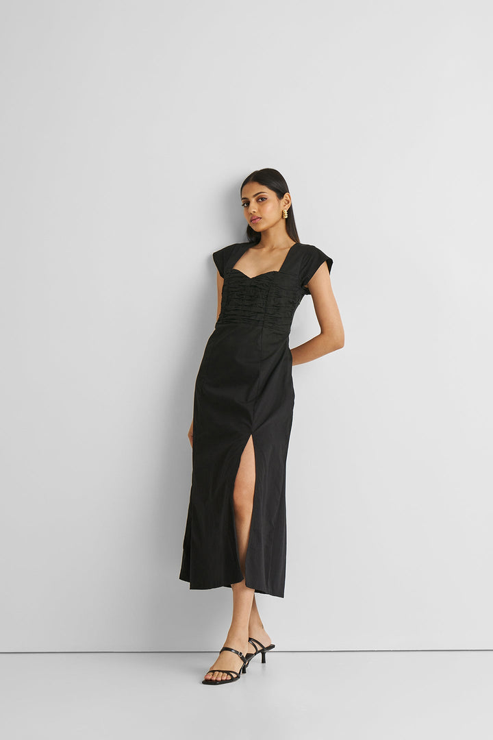 Ruched Dress with Front Slit - Black