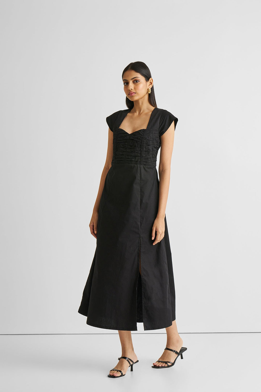 Ruched Dress with Front Slit - Black
