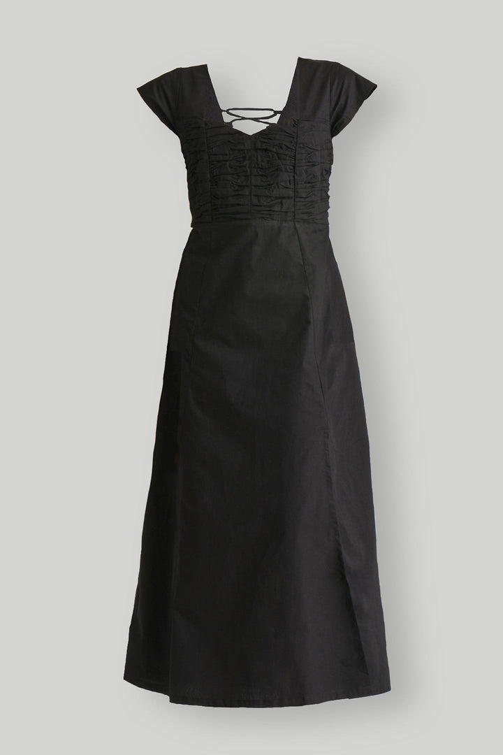 Ruched Dress with Front Slit - Black