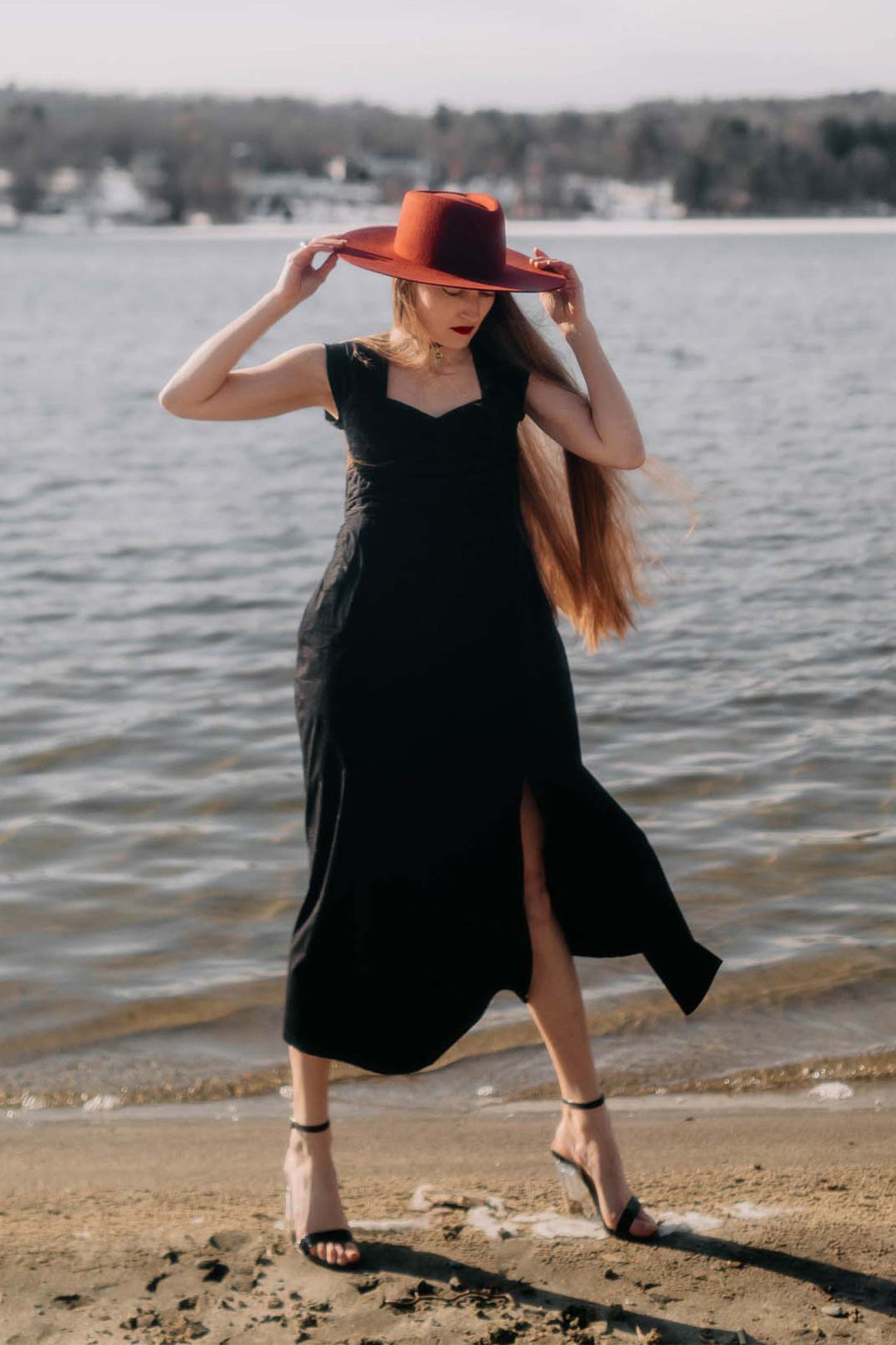 Ruched Dress with Front Slit - Black