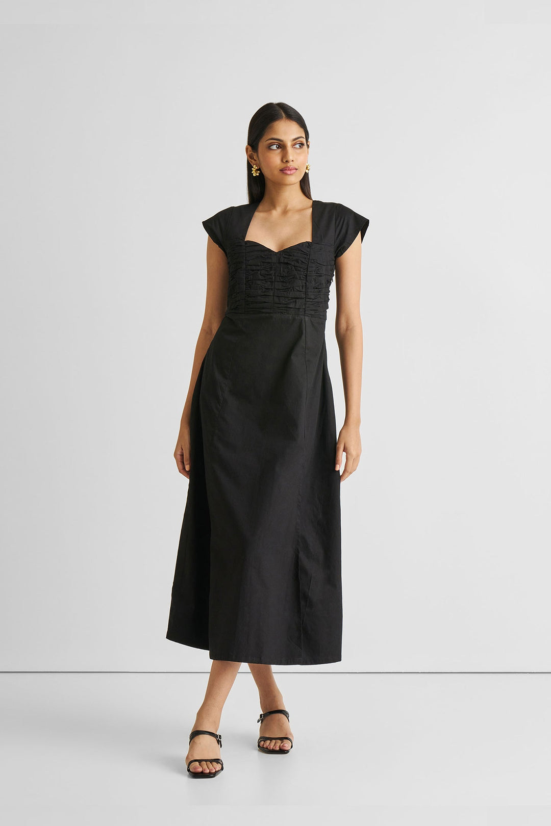 Ruched Dress with Front Slit - Black