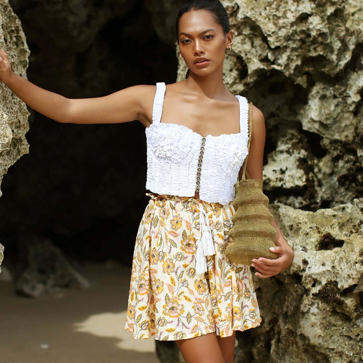 Sekar Floral Batik Skorts - Marigold Yellow