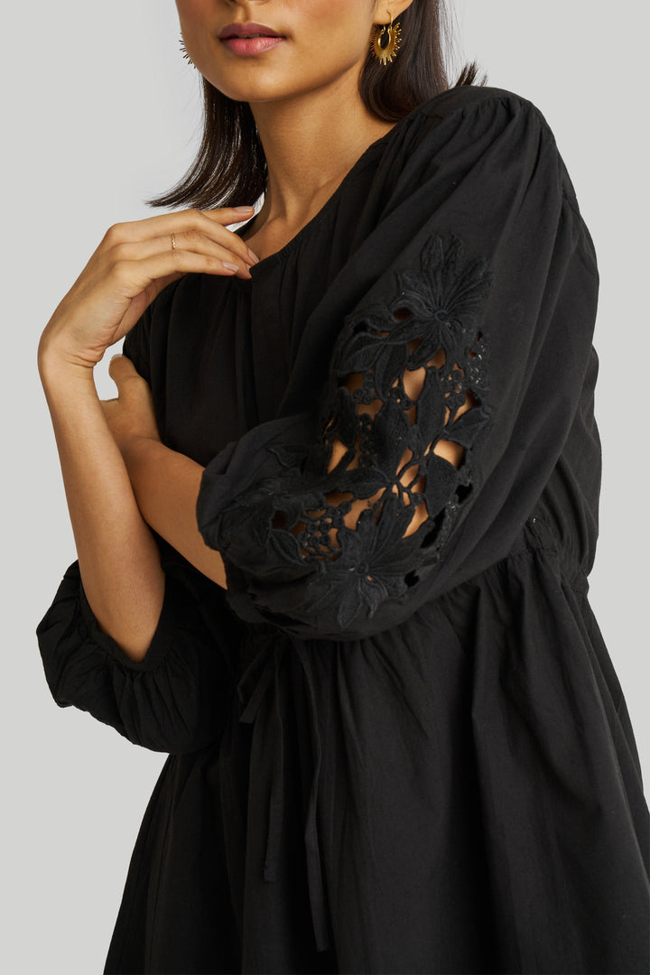 Shirt Dress with Balloon Sleeves - Black