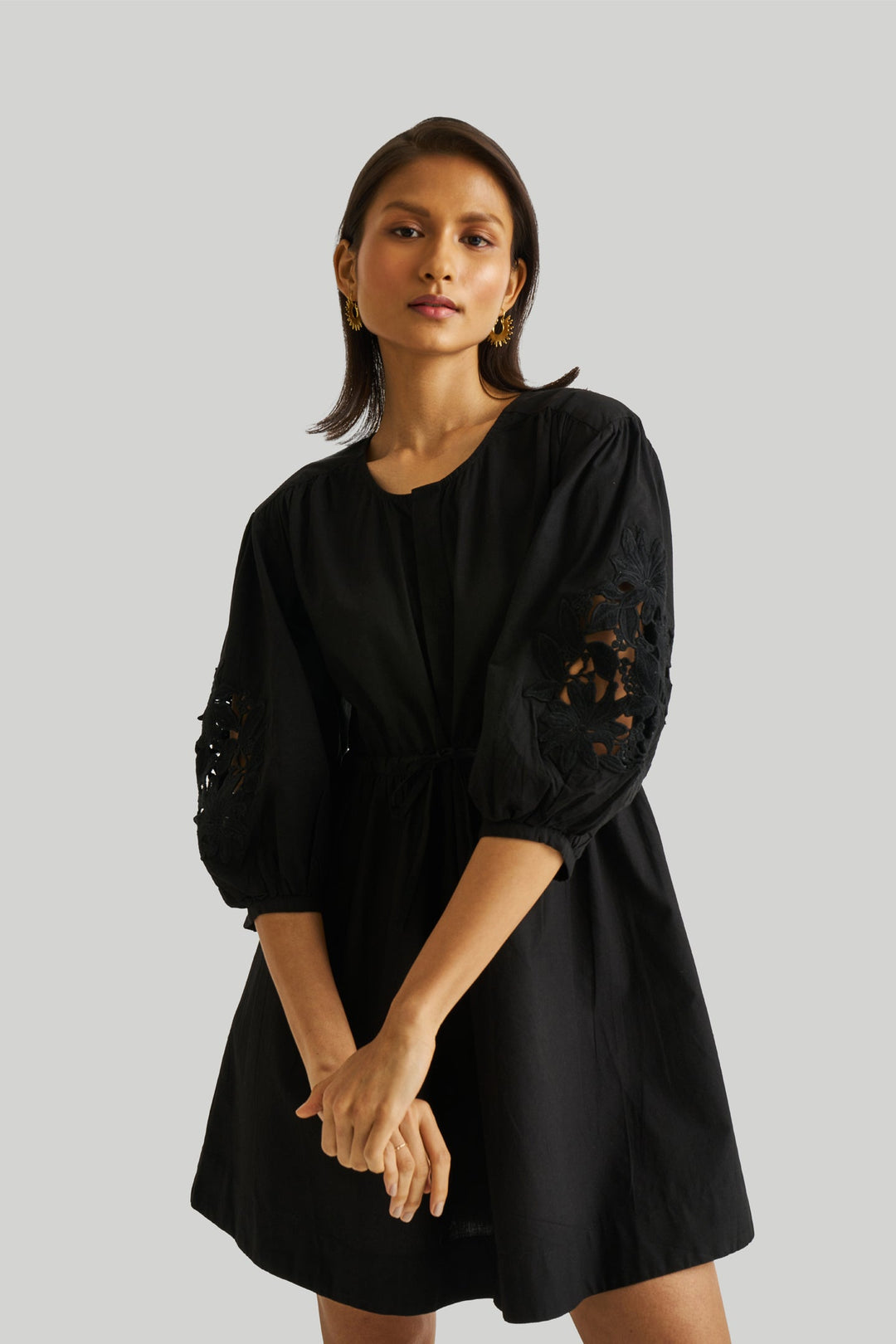 Shirt Dress with Balloon Sleeves - Black
