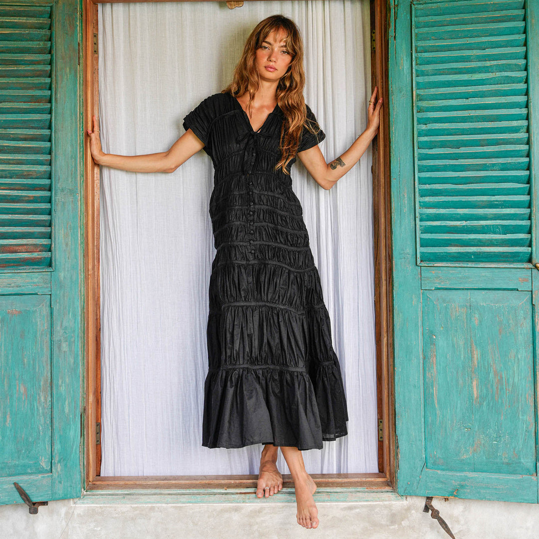 handcrafted black maxi dress MALI Black Open back Maxi Dress Hand-Dyed Boho Summer Dress | Tie Shoulder Dress