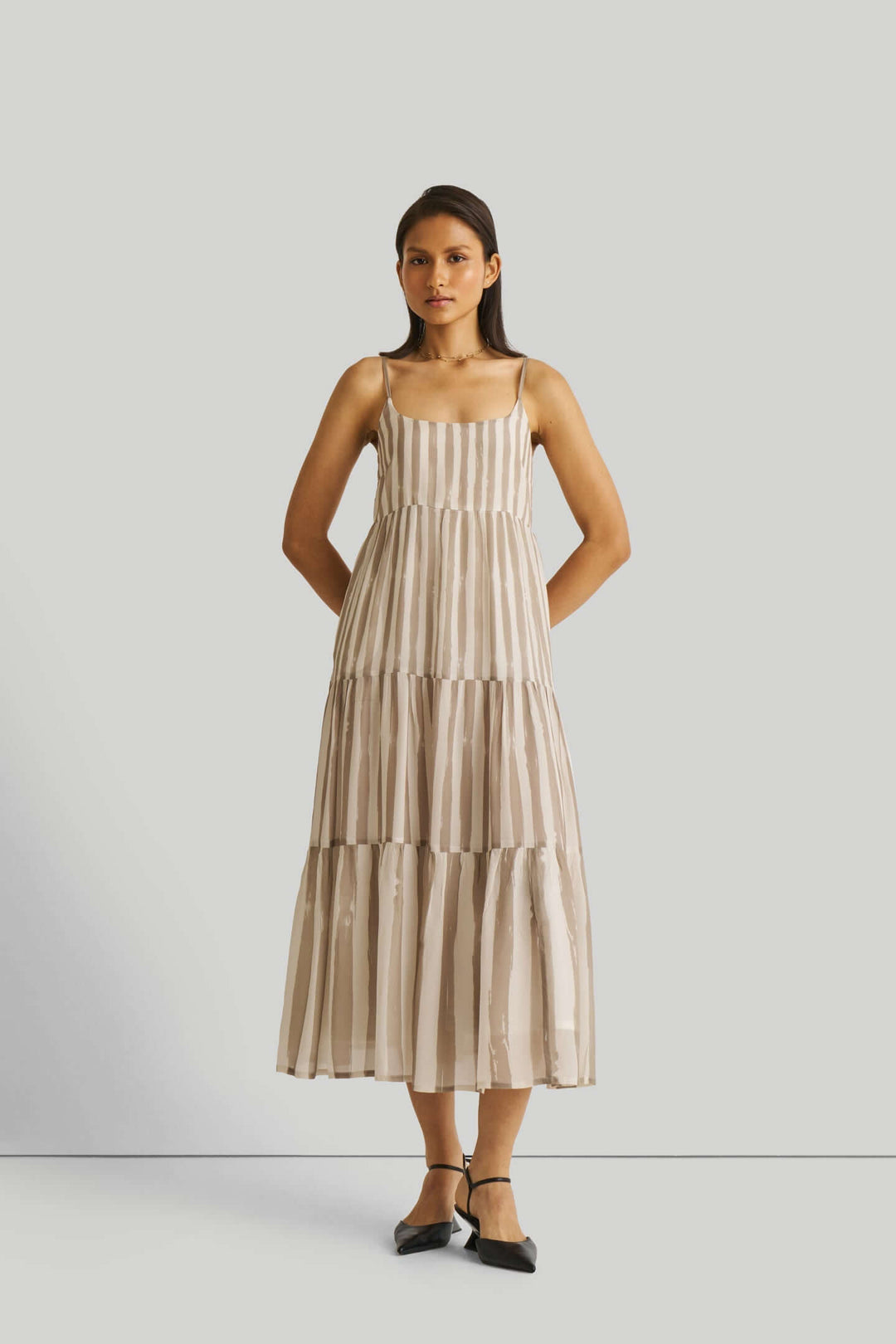 Strappy Tiered Maxi Dress - Beige Stripes