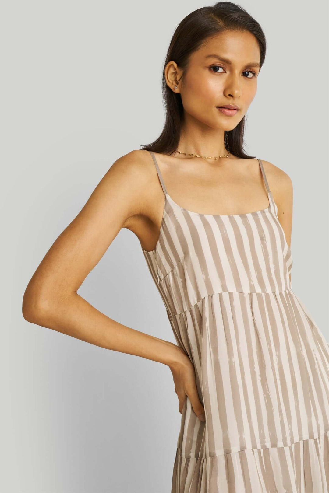 Strappy Tiered Maxi Dress - Beige Stripes