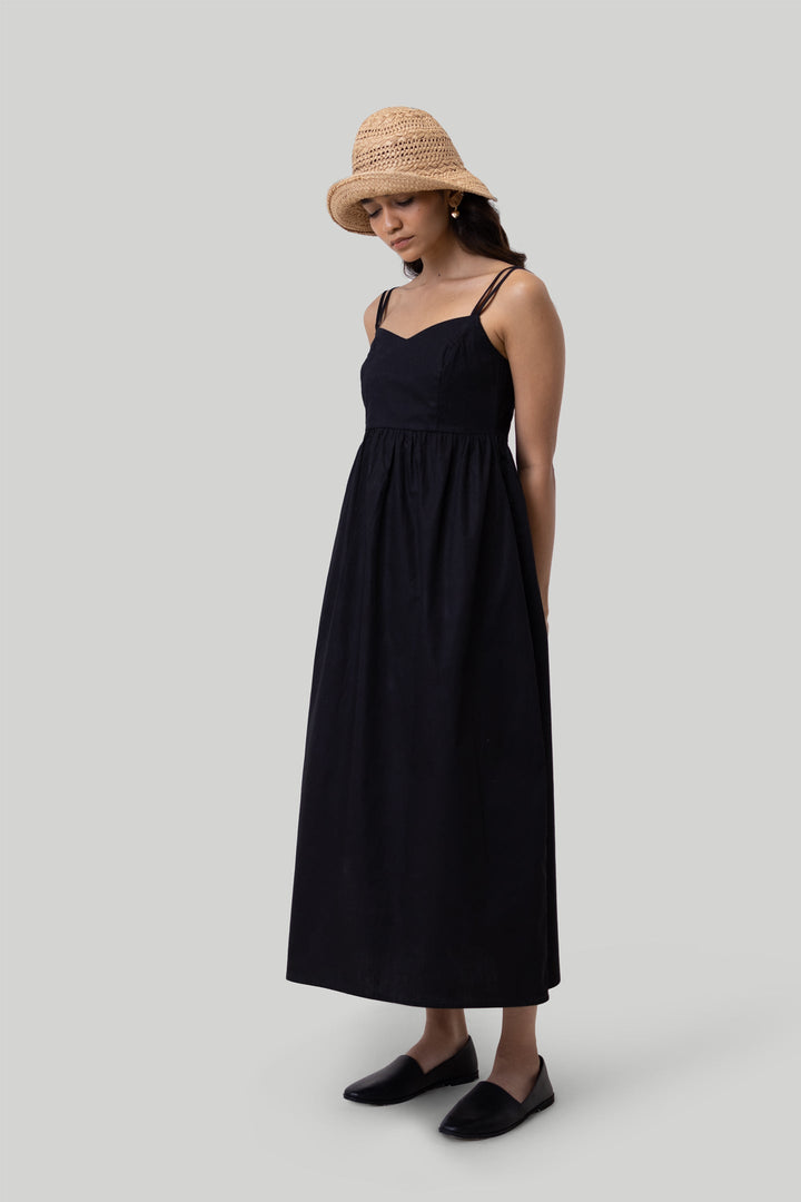 Strappy Gathered Midi Dress - Black