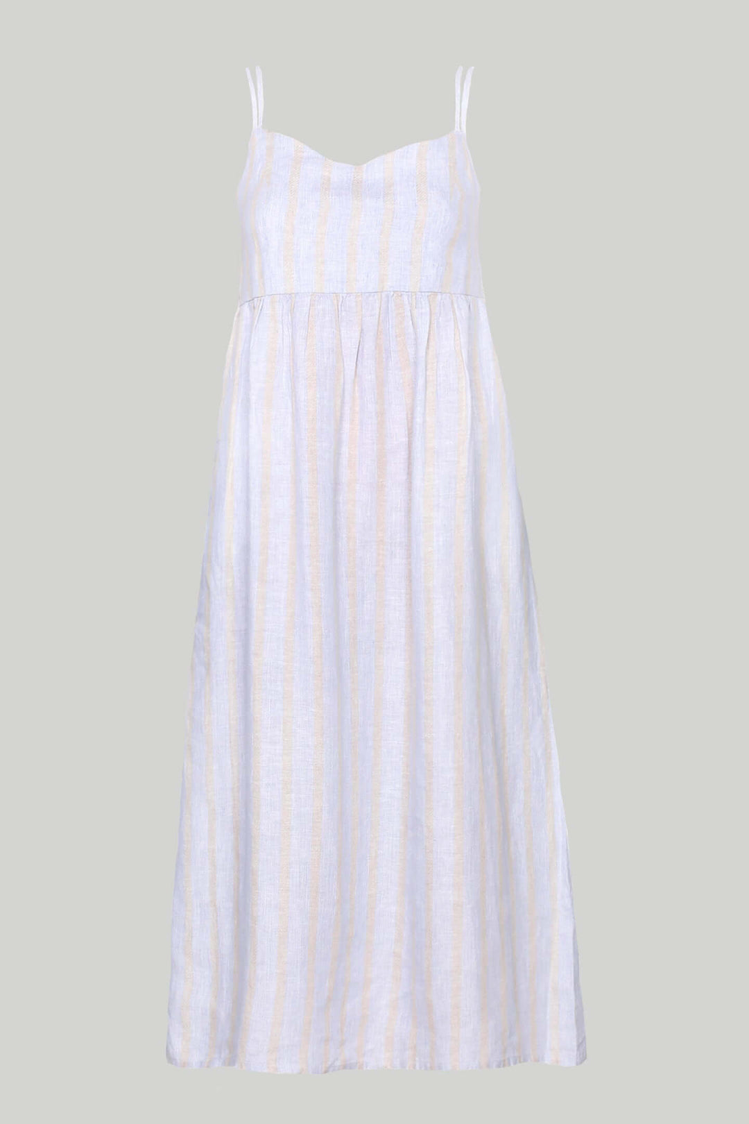 Strappy Gathered Midi Dress - Linen Stripes