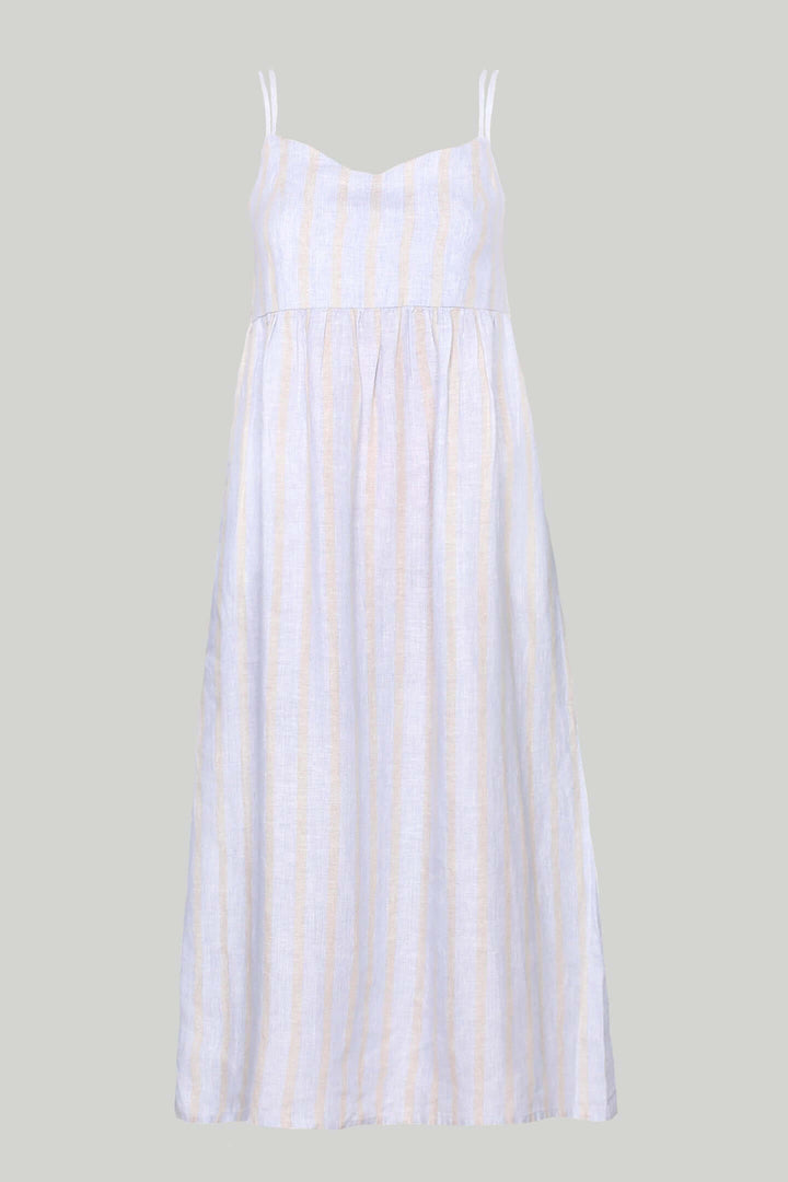 Strappy Gathered Midi Dress - Linen Stripes