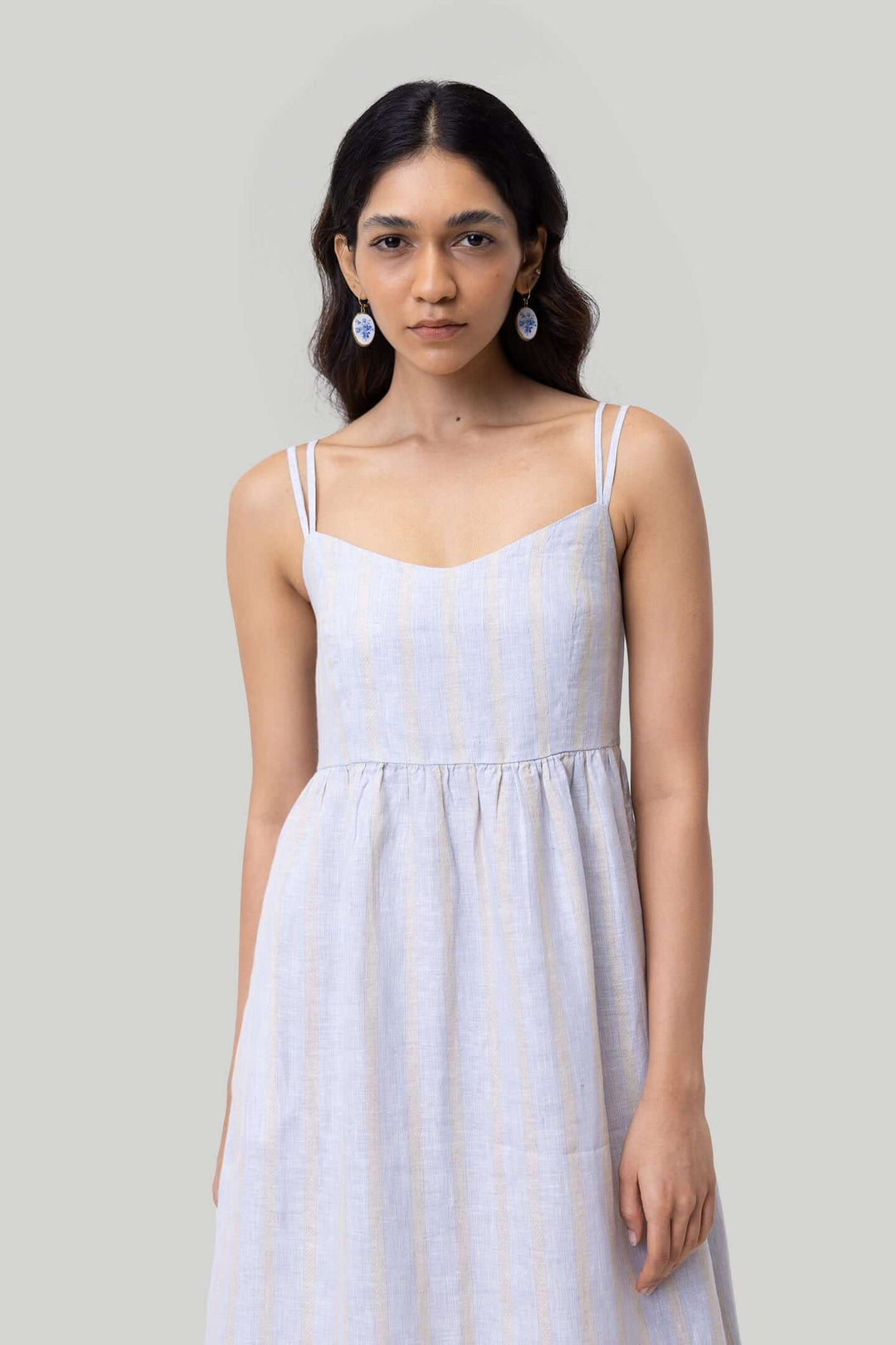 Strappy Gathered Midi Dress - Linen Stripes
