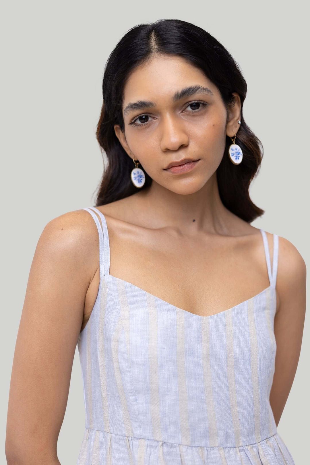 Strappy Gathered Midi Dress - Linen Stripes