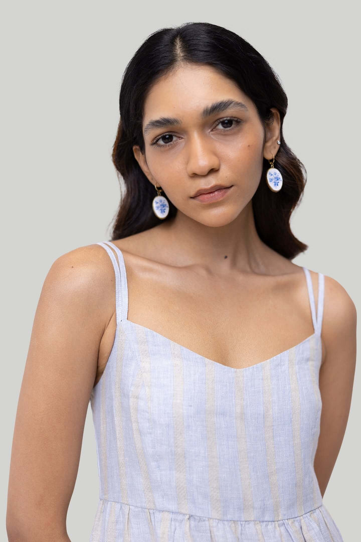 Strappy Gathered Midi Dress - Linen Stripes