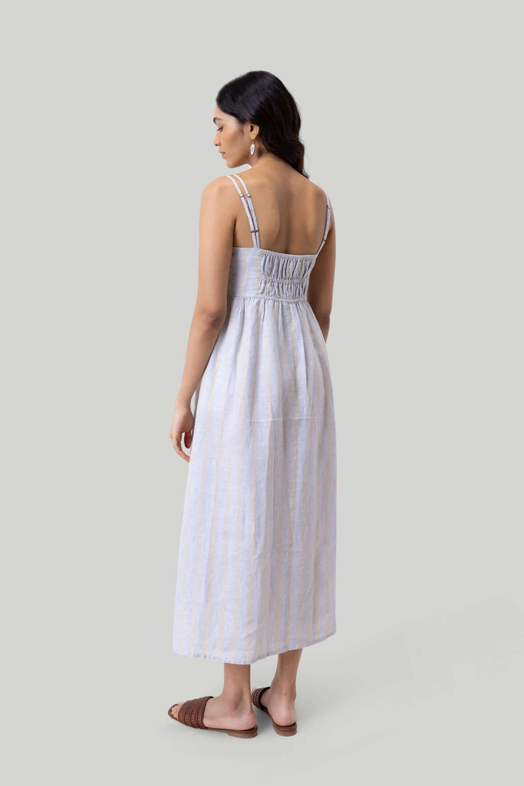 Strappy Gathered Midi Dress - Linen Stripes