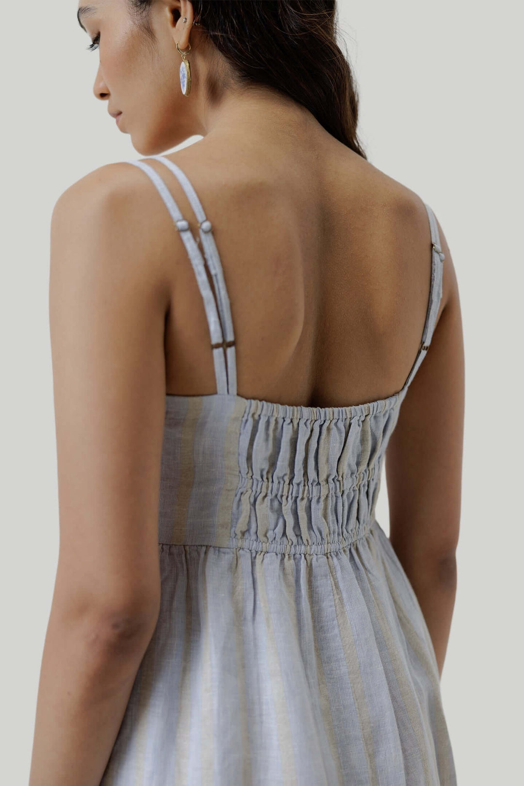 Strappy Gathered Midi Dress - Linen Stripes