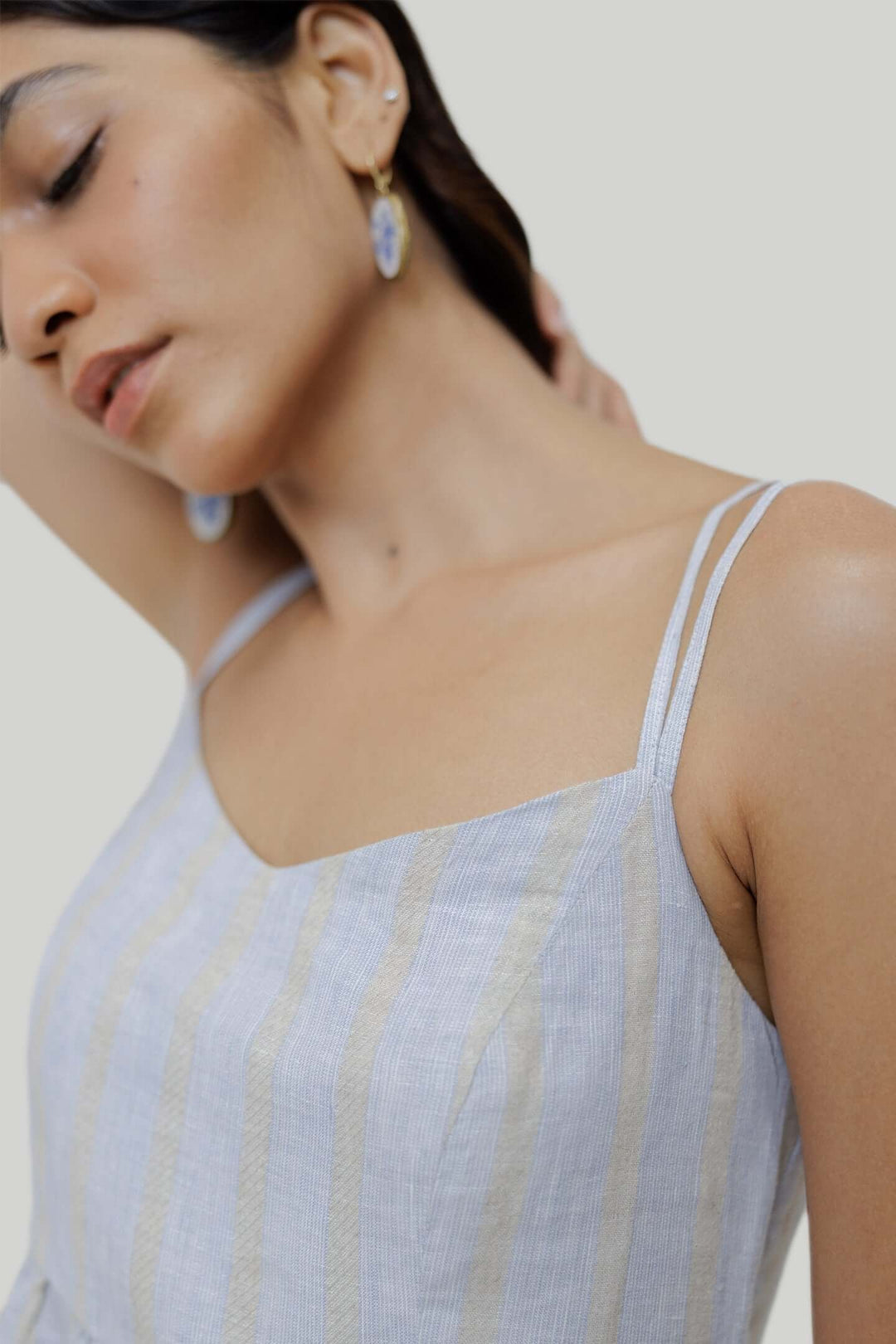 Strappy Gathered Midi Dress - Linen Stripes