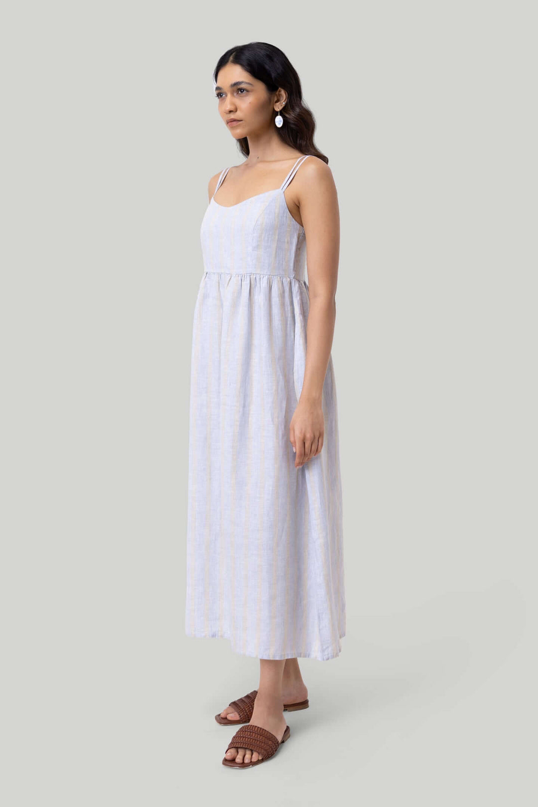 Strappy Gathered Midi Dress - Linen Stripes
