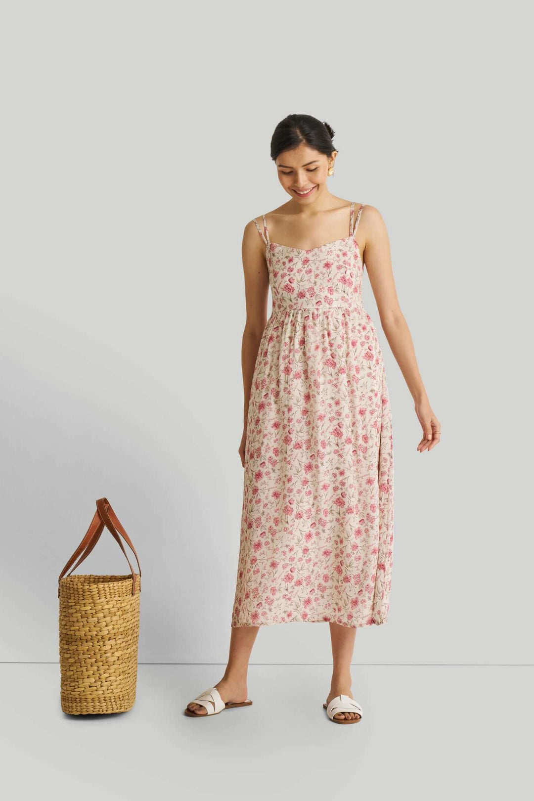 Strappy Gathered Midi Dress - Pink Florals
