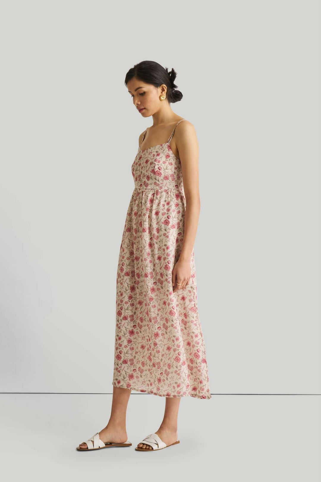 Strappy Gathered Midi Dress - Pink Florals