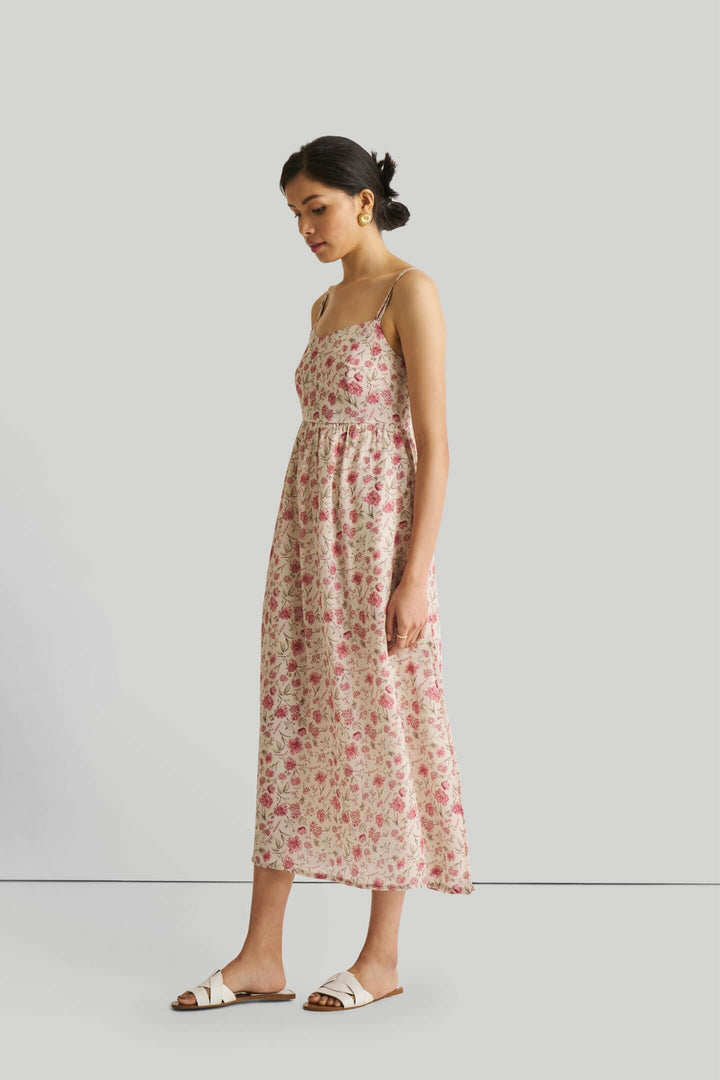Strappy Gathered Midi Dress - Pink Florals