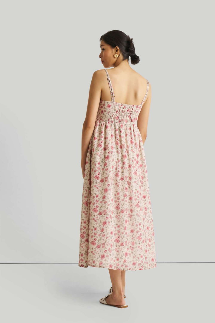 Strappy Gathered Midi Dress - Pink Florals