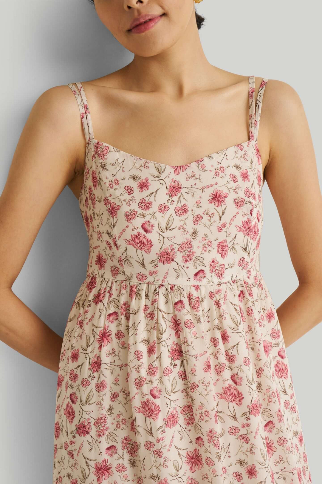 Strappy Gathered Midi Dress - Pink Florals