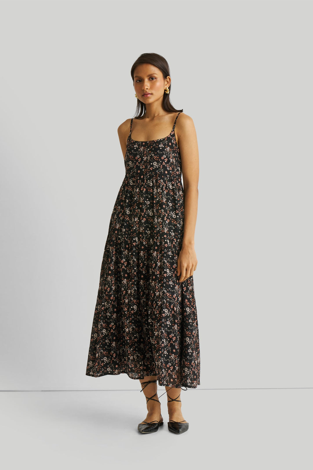 Strappy Tiered Maxi Dress - Black Florals
