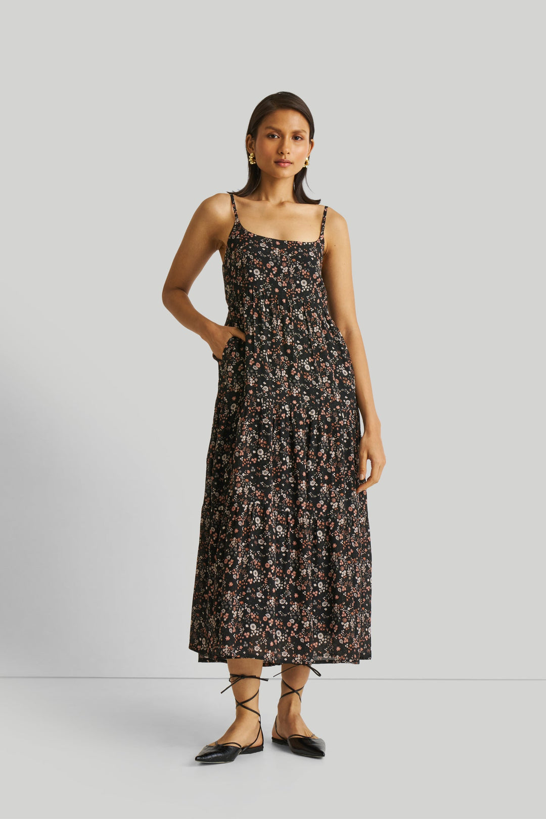 Strappy Tiered Maxi Dress - Black Florals