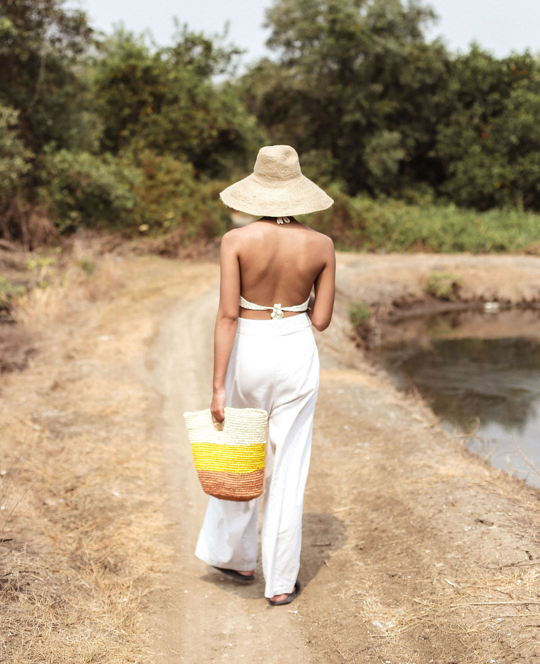 Sayan Raffia Tote Bag - Yellow & Beige