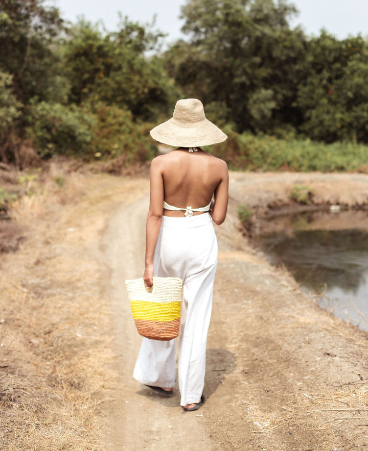 Sayan Raffia Tote Bag - Yellow & Beige