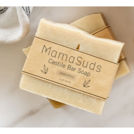 Unscented Castile Bar Soap, palm-free, made with organic saponified olive oil by MamaSuds, natural eco-friendly packaging.
