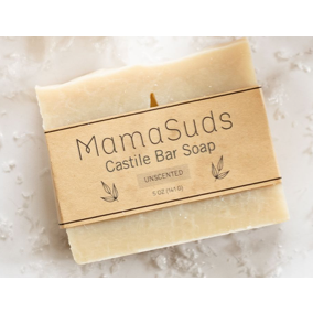 Unscented Castile Bar Soap in packaging, palm-free natural ingredients, 5 oz.