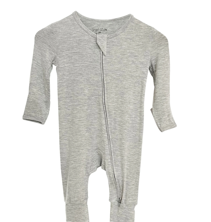 Heather Grey bamboo baby pajamas with zipper and fold-over mittens for babies, featuring a soft and breathable fabric designed for comfort.