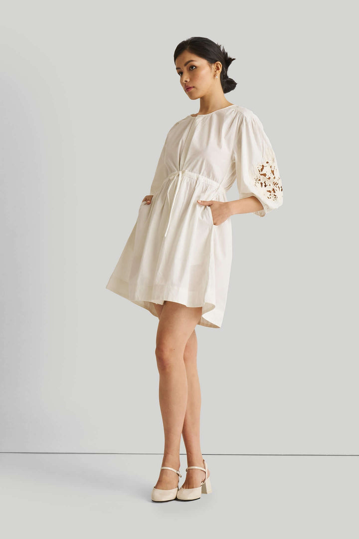 Shirt Dress with Balloon Sleeves - White